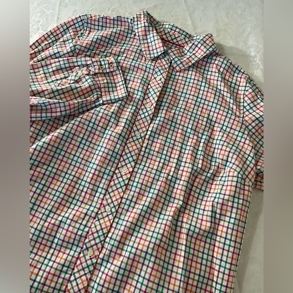 TALBOTS-white/blue/pink checked 100% cotton button-up tunic Women Size 3x